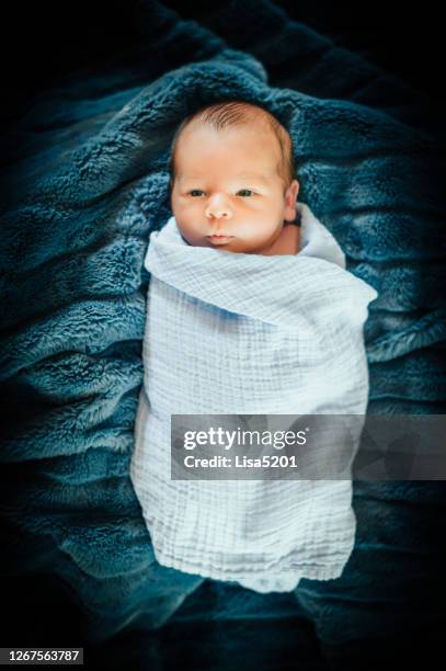 neonato latinx in coperta blu per bambini - avvolto foto e immagini stock