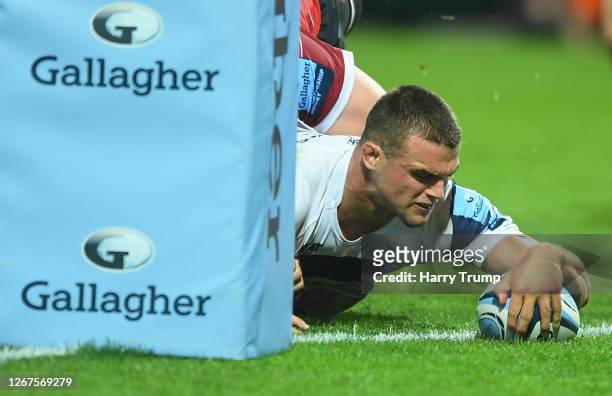 Ben Earl of Bristol Bears goes over for his sides fifth try during the Gallagher Premiership Rugby match between Gloucester Rugby and Bristol Bears...