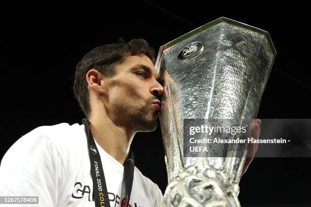 Jesus Navas of Seville kisses the trophy following victory in the UEFA Europa League Final between Seville and FC Internazionale at...
