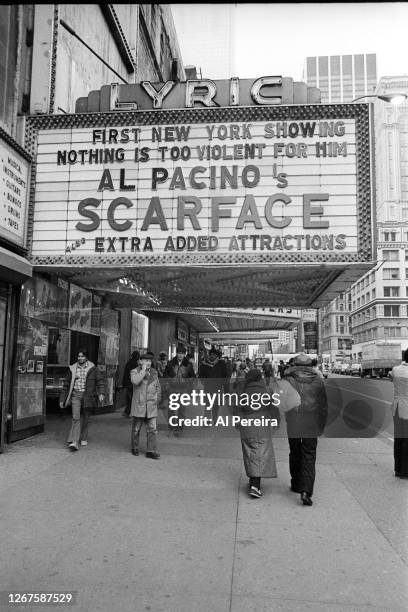The Universal Pictures film "Scarface" starring Al Pacino and Directed by Brian de Palma appears at The Lyric Theater on December 20, 1983 in New...