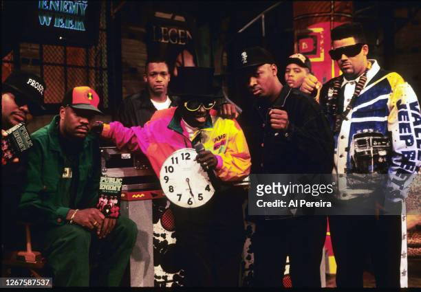 Rap group Public Enemy appears on the "Public Enemy Week" segment of "Yo! MTV Raps" with hosts Doctor Dre' and Ed Lover on September 19, 1991 in New...