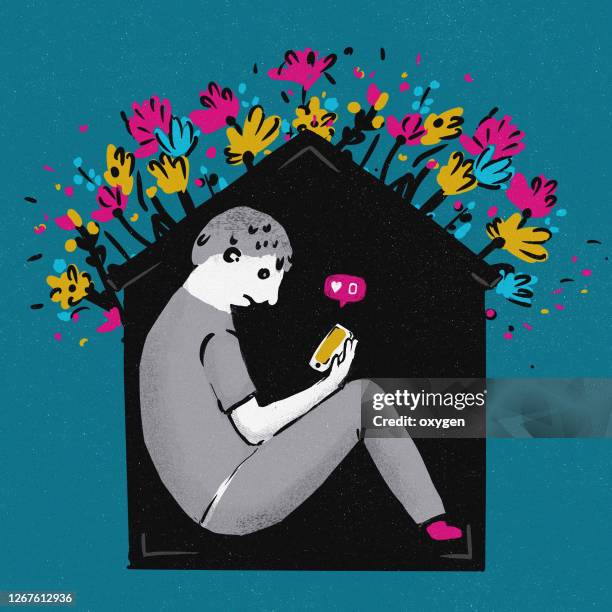 sad boy sitting locked at home, self-isolation, quarantine, concept at home - trapped in the web stock pictures, royalty-free photos & images