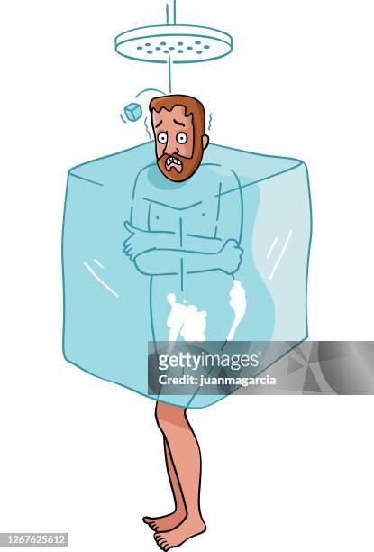 mann, der mit gefrorenem wasser duscht - stromausfall stock-grafiken, -clipart, -cartoons und -symbole