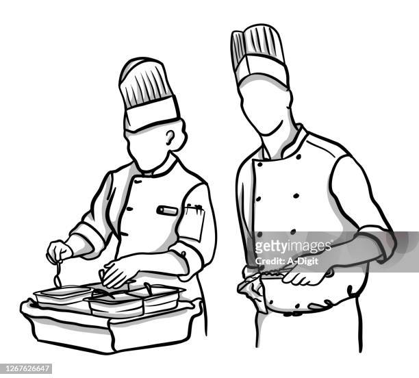 ilustraciones, imágenes clip art, dibujos animados e iconos de stock de chef grilling steaks - uniforme de chef