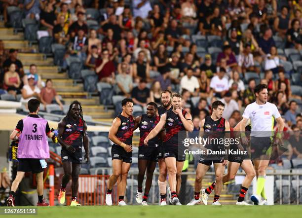 Irving Mosquito of the Bombers celebrates after kicking his first goal on debut during the round 13 AFL match between the Essendon Bombers and the...