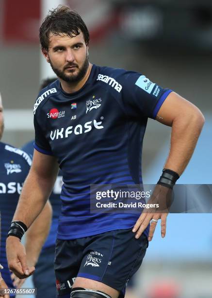 Lood de Jager of Sale Sharks looks on during the Gallagher Premiership Rugby match between Sale Sharks and Exeter Chiefs at the A J Bell Stadium on...