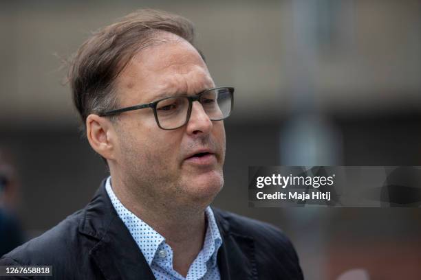 Jaka Bizilj, founder of Cinema For Peace, speaks to the media outside the Charite Hospital on August 22, 2020 in Berlin, Germany. Alexei Navalny has...