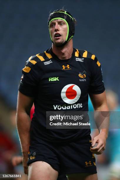 James Gaskell of Wasps during the Gallagher Premiership Rugby match between Wasps and Worcester Warriors at Ricoh Arena on August 21, 2020 in...