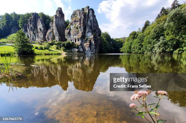 reflection of externsteine in the lake, germany - north rhine westphalia stock pictures, royalty-free photos & images