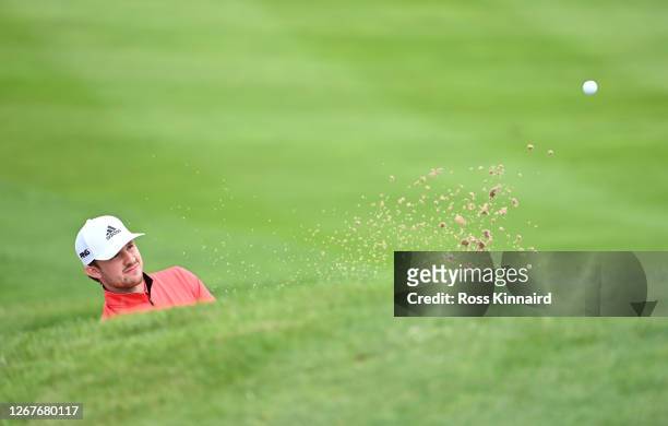 Connor Syme of Scotland plays his third shot on the 16th hole during Day 3 of the Wales Open at the Celtic Manor Resort on August 22, 2020 in...
