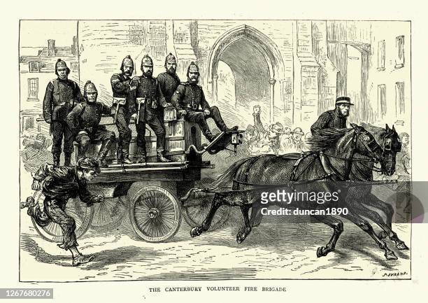 victorian volunteer fire bridge racing to a fire, 19th century - canterbury england stock illustrations