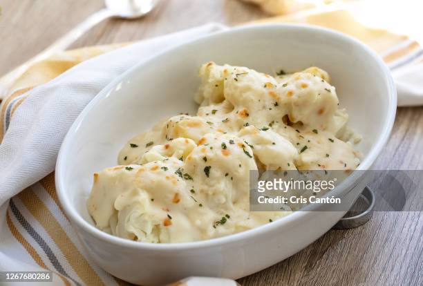 cauliflower with bechamel sauce - bechamelsoße stock-fotos und bilder