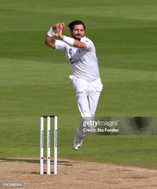 Yasir Shah of Pakistan bowls during Day Two of the 3rd #RaiseTheBat Test Match between England and Pakistan at the Ageas Bowl on August 22, 2020 in...