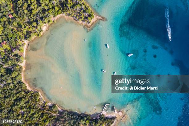 top down viewf of an idyllic bay and beach in the rab island in croatia - kroatië stockfoto's en -beelden