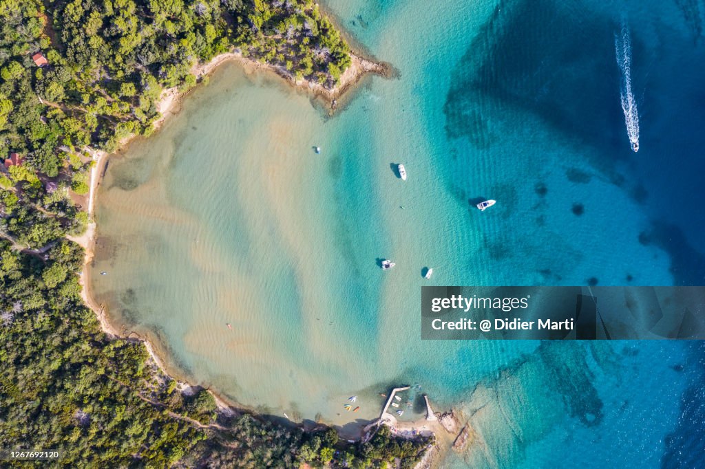 Top down viewf of an idyllic bay and beach in the Rab island in Croatia