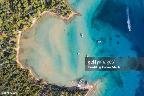 top down viewf of an idyllic bay and beach in the rab island in croatia - croazia stock pictures, royalty-free photos & images