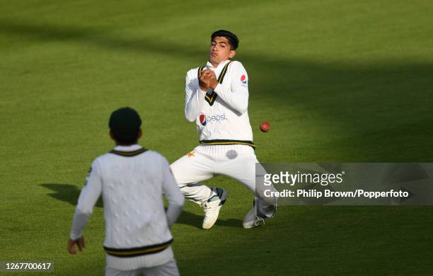 Naseem Shah of Pakistan drops a catch from the bat of Dom Bess during the second day of the third Test match between England and Pakistan at the...