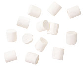 Chewing marshmallow flies on a white background. Isolated