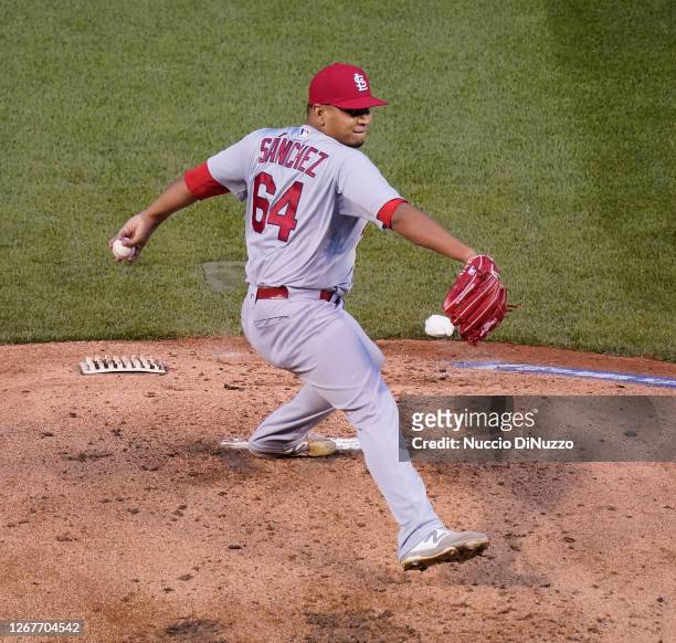 Ricardo Sanchez of the St. Louis Cardinals throws a pitch during the second inning of Game Two of a doubleheader against the Chicago Cubs at Wrigley...