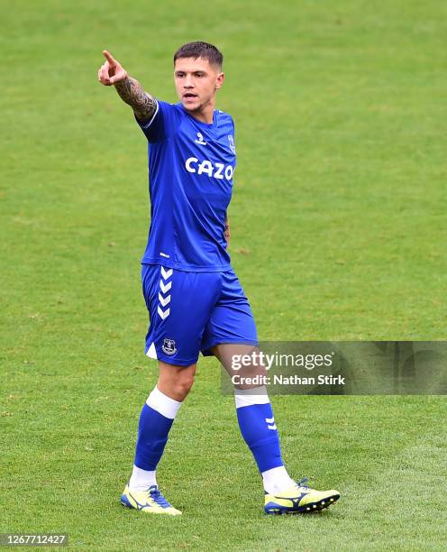 Muhamed Besic of Everton gestures during the pre-season friendly match between Blackpool and Everton at Bloomfield Road on August 22, 2020 in...