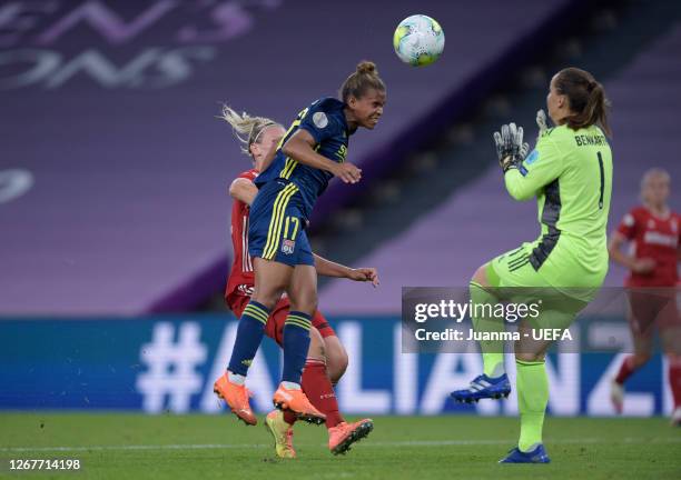 Nikita Parris of Olympique Lyon scores her team's first goal past Laura Benkarth of FC Bayern Munich during the UEFA Women's Champions League Quarter...