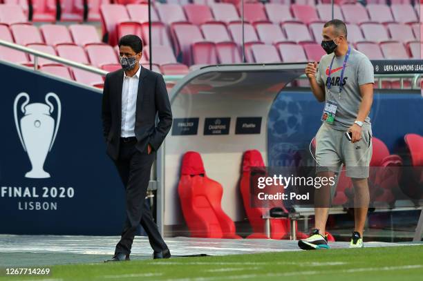 Paris Saint-Germain president, Nasser Al-Khelaifi arrives during a training session ahead of their UEFA Champions League Final match against Bayern...