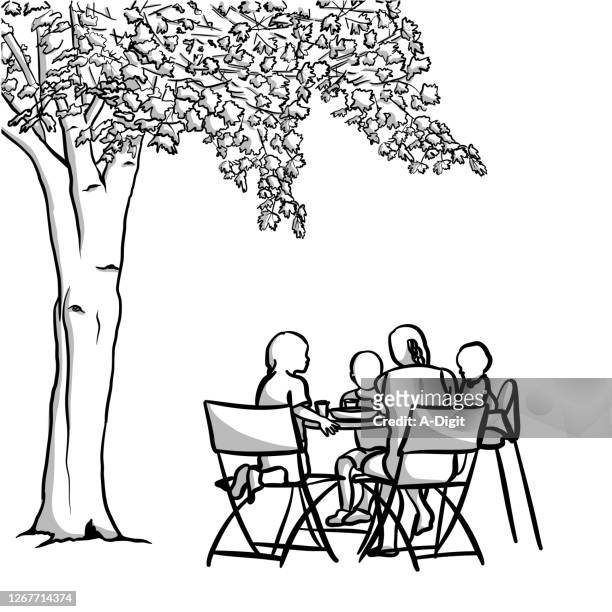 eating outdoor mom and kids - four people stock illustrations