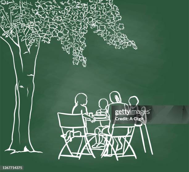 eating outdoor mom and kids chalkboard - family chalk drawing stock illustrations