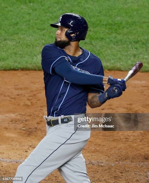 Jose Martinez of the Tampa Bay Rays in action against the New York Yankees at Yankee Stadium on August 19, 2020 in New York City. The Rays defeated...