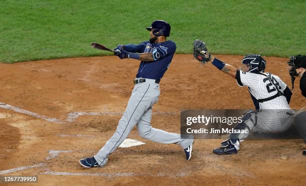 Jose Martinez of the Tampa Bay Rays in action against the New York Yankees at Yankee Stadium on August 19, 2020 in New York City. The Rays defeated...