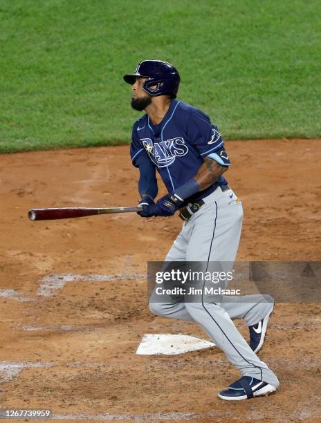 Jose Martinez of the Tampa Bay Rays in action against the New York Yankees at Yankee Stadium on August 19, 2020 in New York City. The Rays defeated...