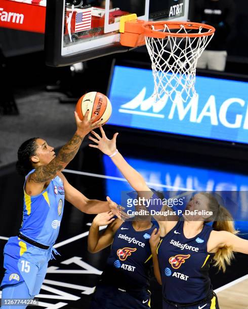 Gabby Williams of the Chicago Sky looks to shoot the ball as Lauren Cox of the Indiana Fever defends during the first half at Feld Entertainment...