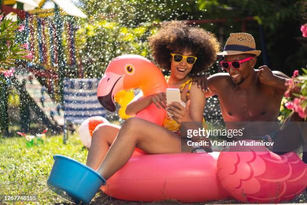 selfie on a vacation at home in 2020 - plastic flamingo stock pictures, royalty-free photos & images