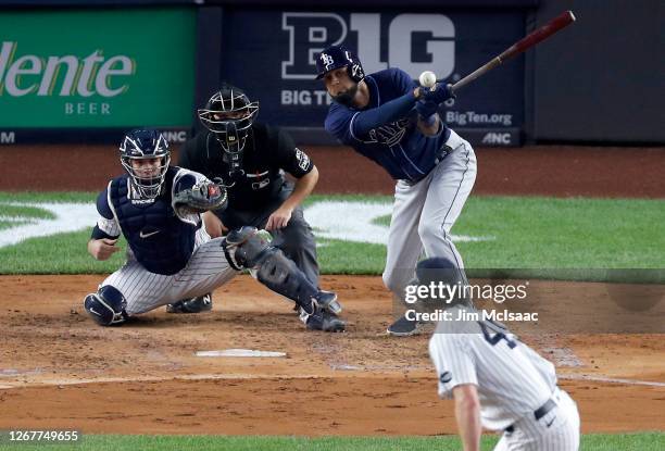 Jose Martinez of the Tampa Bay Rays in action against the New York Yankees at Yankee Stadium on August 19, 2020 in New York City. The Rays defeated...