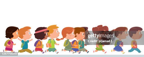 children running and walking back to school - kids in a row stock illustrations