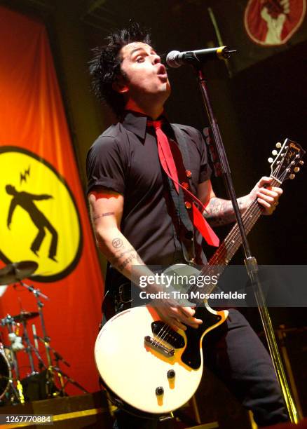 Billie Joe Armstrong Green Day performs during the band's "American Idiot" tour at Bill Graham Civic Auditorium on November 24, 2004 in San...