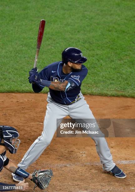 Jose Martinez of the Tampa Bay Rays in action against the New York Yankees at Yankee Stadium on August 19, 2020 in New York City. The Rays defeated...