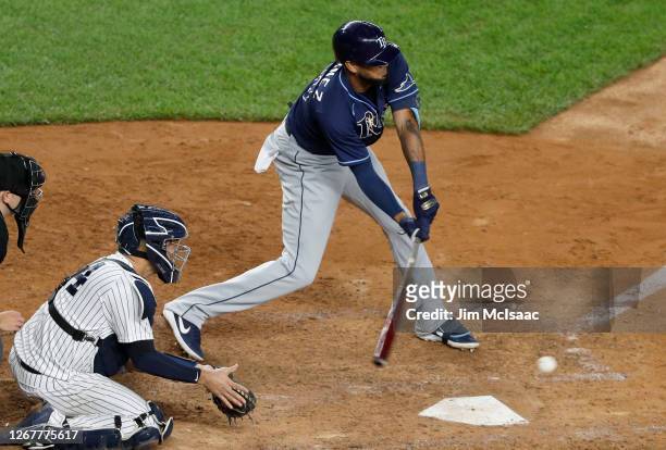 Jose Martinez of the Tampa Bay Rays in action against the New York Yankees at Yankee Stadium on August 19, 2020 in New York City. The Rays defeated...