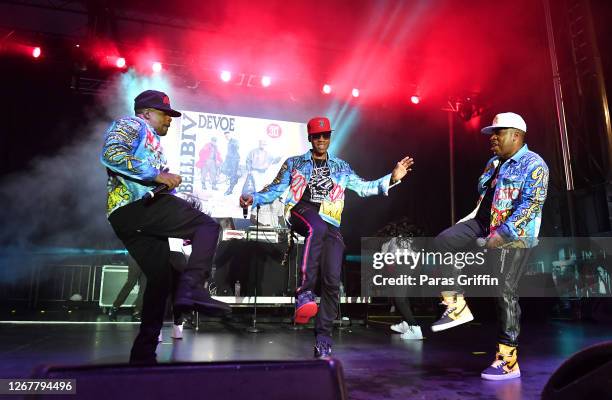 Ricky Bell, Ronnie DeVoe and Michael Bivins of Bell Biv DeVoe perform onstage during Drive-In Concerts Jokes & Jams concert series at Georgia...