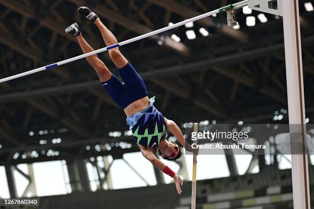 Daichi Sawano of Japan competes in the men polevault during the Seiko Golden Grand Prix at the National Stadium on August 23, 2020 in Tokyo, Japan.