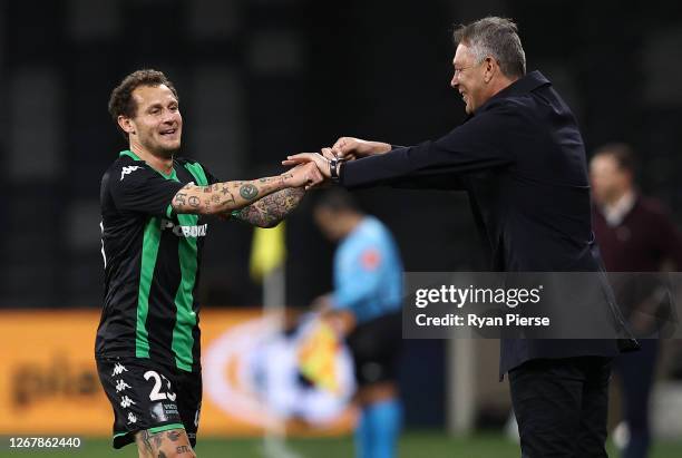Alessandro Diamanti of Western United celebrates a goal with Mark Rudan, coach of Western United, during the A-League Elimination Final match between...