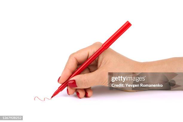 woman's hand drawing with red felt tip pen, isolated on white background - pencil drawing stock pictures, royalty-free photos & images