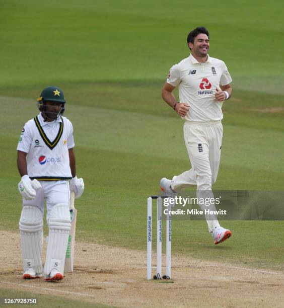 James Anderson of England celebrates taking the wicket of Asad Shafiq of Pakistan during Day Three of the 3rd #RaiseTheBat Test Match between England...