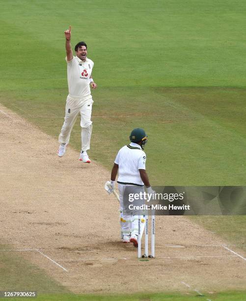 James Anderson of England celebrates taking the wicket of Asad Shafiq of Pakistan during Day Three of the 3rd #RaiseTheBat Test Match between England...