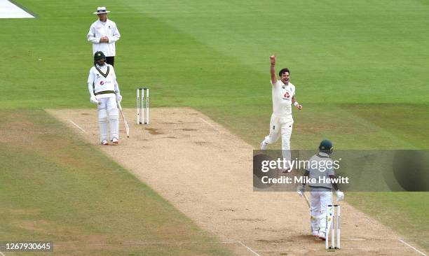 James Anderson of England celebrates taking the wicket of Asad Shafiq of Pakistan during Day Three of the 3rd #RaiseTheBat Test Match between England...