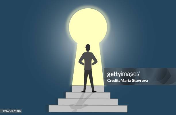 man getting out of darkness through keyhole shaped door. get the access to success. - mystery stock illustrations