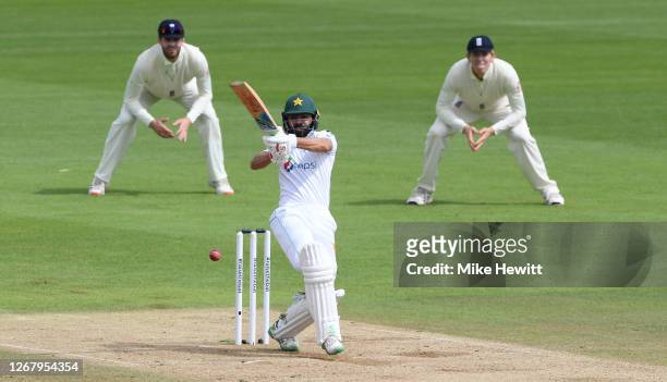 Fawad Alam of Pakistan hits runs off Jofra Archer of England during Day Three of the 3rd #RaiseTheBat Test Match between England and Pakistan at the...