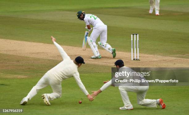 Fawad Alam of Pakistan edges the ball between Zak Crawley and Dom Sibley of England during the third Test match between England and Pakistan at the...
