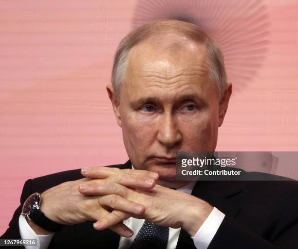 Russian President Vladimir Putin seen during The Strong Ideas For The New Times Forum on June 29, 2023 in Moscow, Russia. President Putin visited an...