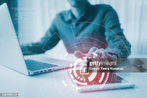 lock glowing icon pressed with finger, cyber security, information privacy - cyber security people stock pictures, royalty-free photos & images